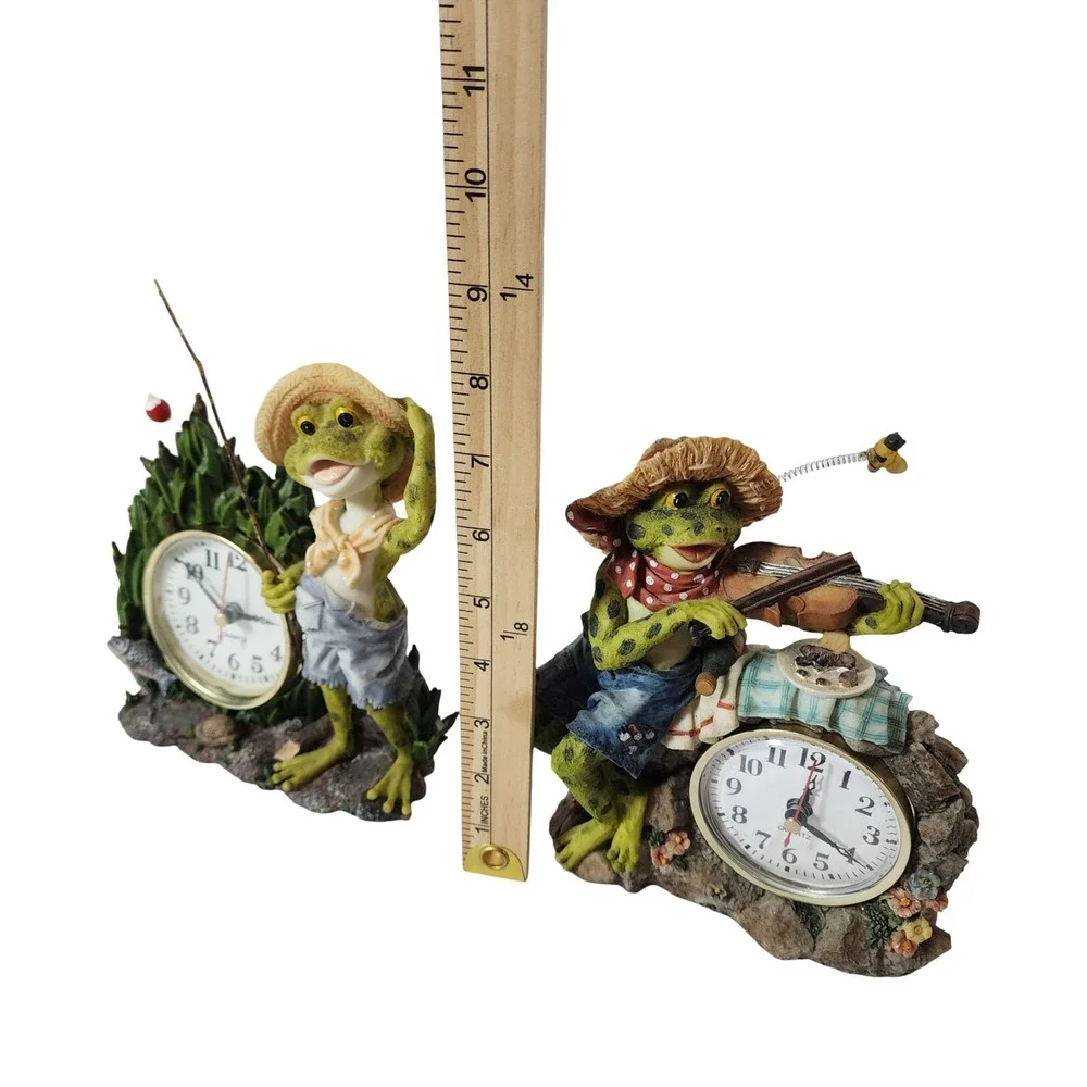 Set of 2 Whimsical Frog Desk Clocks Fishing and Violin Resin Novelty Decor 7in